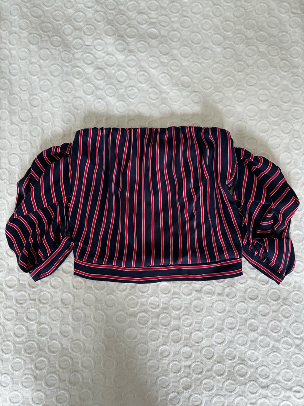 Dynamite Navy Blue Pink Striped Off-Shoulder Puff Sleeve Top